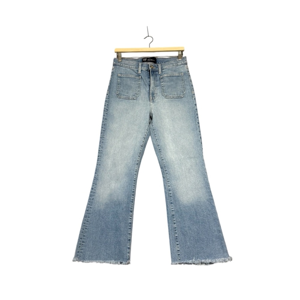 Gap | High Rise 70's Flare Jean Patch Pockets Raw Hem Size 30